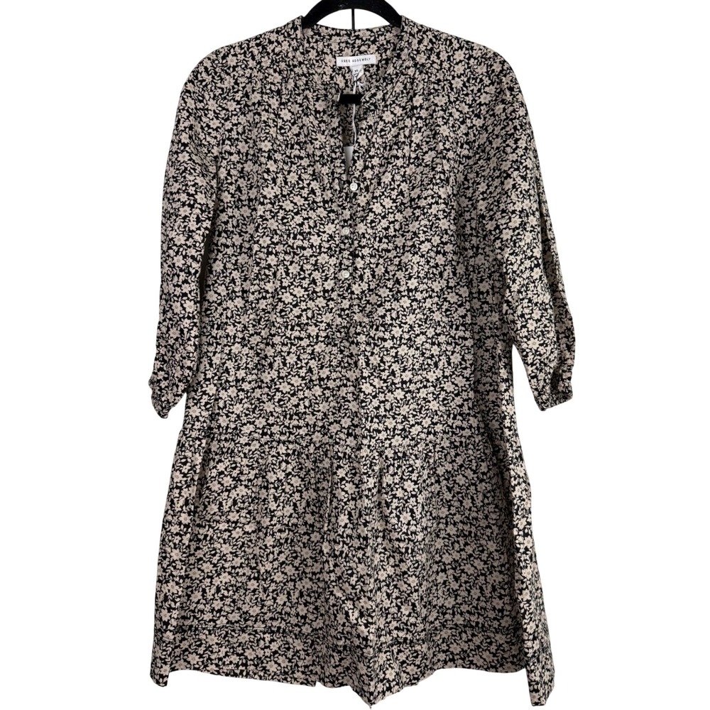 Free Assembly Floral Tiered‎ Swing Dress Black Cream 100% Cotton XS NWT